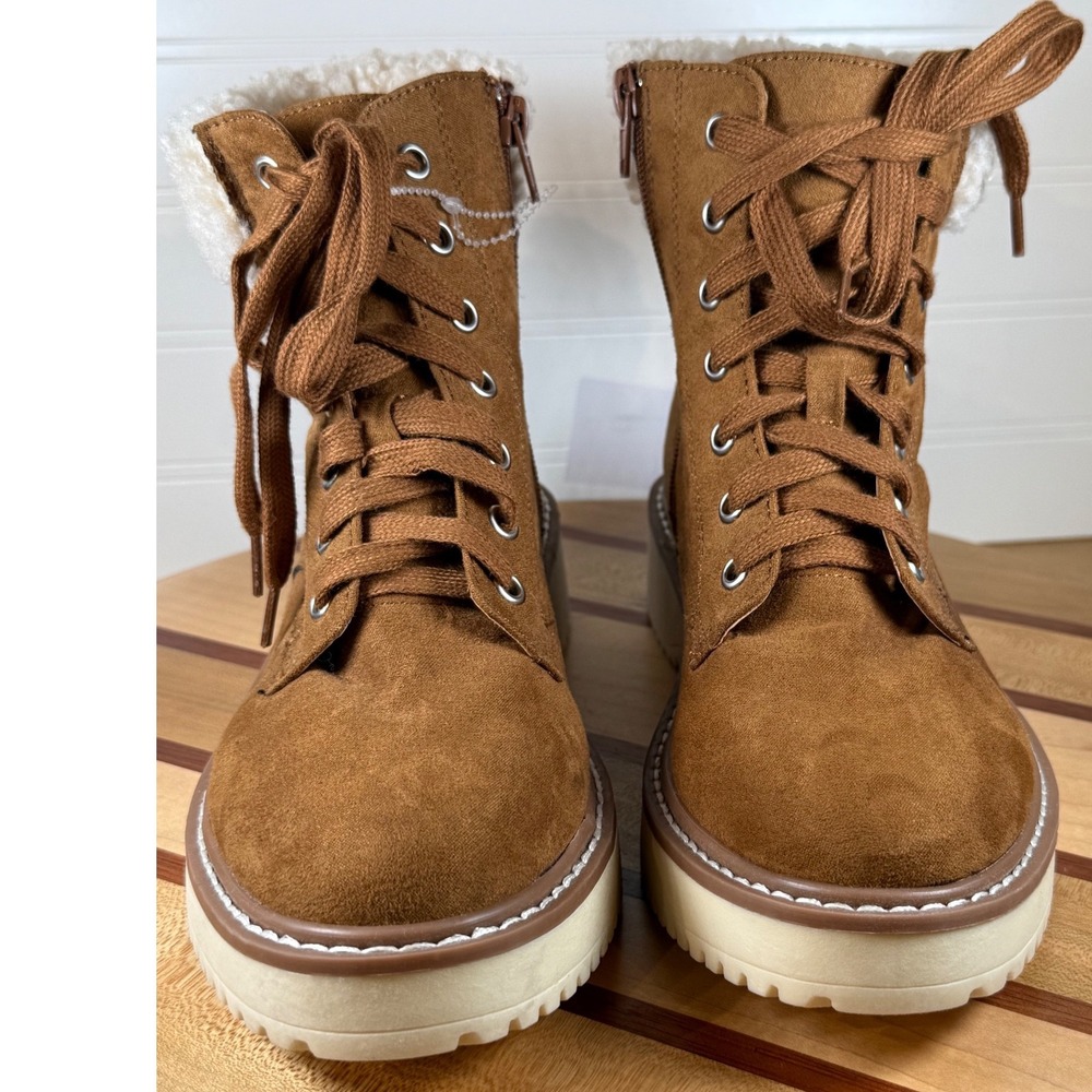 Madden Girl G-KRISTF Brown Faux Suede Shearling Combat Boots Women Size 7